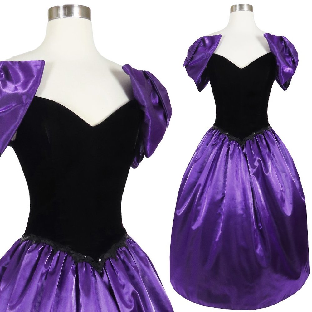 Vintage 80s Black Velvet Purple Satin Full Skirt Sequin Bows Prom Party Dress XS